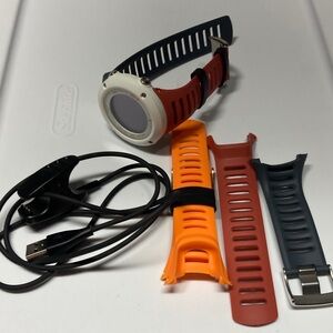 Suunto Ambit 3 Run smart watch, red white blue colors, orange strap, plus cable